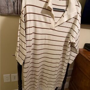 Max Studio Cream and Brown Striped Polo